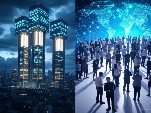 A futuristic cityscape with towering skyscrapers on the left and a large global digital network with people on the right.