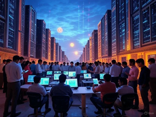 A large group of people in an office environment with multiple computer screens, surrounded by tall cityscape walls and futuristic visuals.