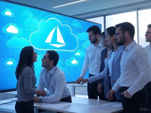 A group of professionals engaged in a discussion in front of a large digital screen displaying cloud computing icons.