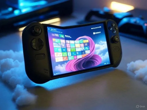 A handheld gaming console with a colorful display is placed on a cloud-like surface, illuminated by a blue light.