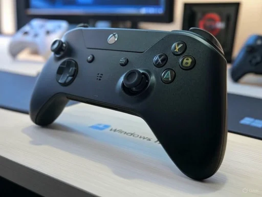 A black gaming controller rests on a Windows 11 laptop with multiple monitors and other controllers in the background.