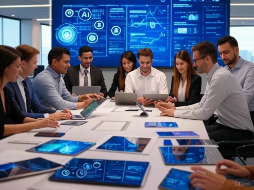 A diverse team of professionals collaborates in a high-tech conference room with futuristic digital displays. A diverse team of professionals collaborates in a high-tech conference room with futuristic digital displays.