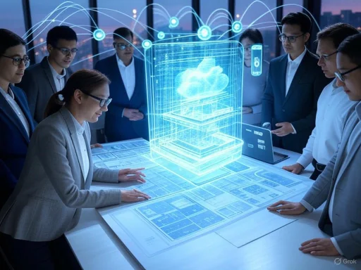 Team analyzing a digital hologram of a cloud computing infrastructure during a futuristic business meeting.
