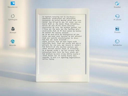 An e-reader displaying a page of text surrounded by navigation and feature icons on a light background.