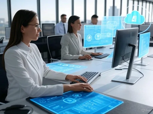 Scientists work on AI and cloud technology in a modern, high-tech office environment. Scientists work on AI and cloud technology in a modern, high-tech office environment.
