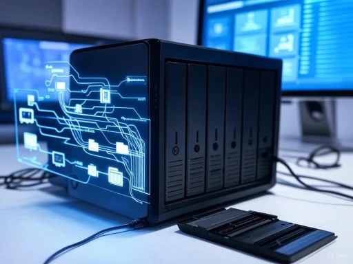 A data server with digital diagrams on its side, connected to a computer screen displaying network information.