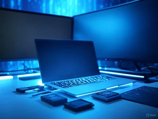 A workspace with a laptop, monitors, and electronic devices illuminated by blue light in a high-tech environment.