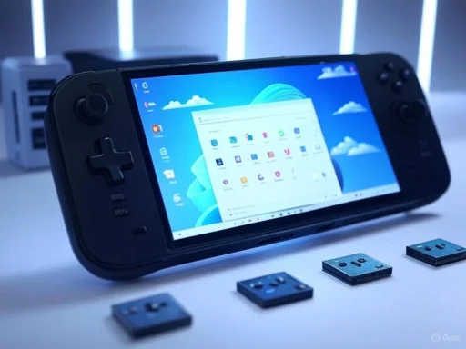 A handheld gaming console displaying a Windows interface, with four small chip-like objects in front.
