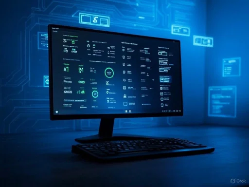 A computer monitor displays a futuristic, data-driven interface with digital icons and charts in a dimly lit, tech-themed setting.