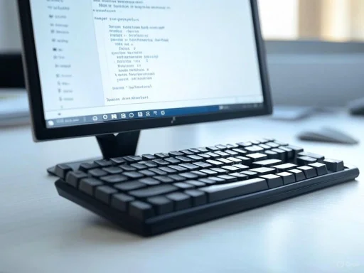 A computer monitor displays a document with a keyboard and mouse on a white desk.