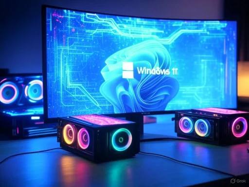 A gaming setup with a monitor displaying Windows 11 and colorful RGB-lit cooling fans arranged around it. A gaming setup with a monitor displaying Windows 11 and colorful RGB-lit cooling fans arranged around it.