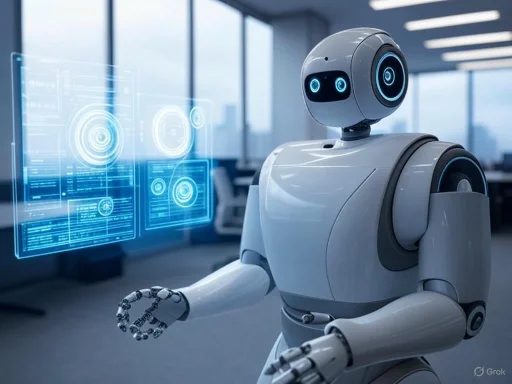 A humanoid robot interacts with a holographic digital interface in a modern office setting.