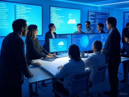 A team of professionals is conducting a briefing or presentation in a high-tech control room with multiple screens displaying data.