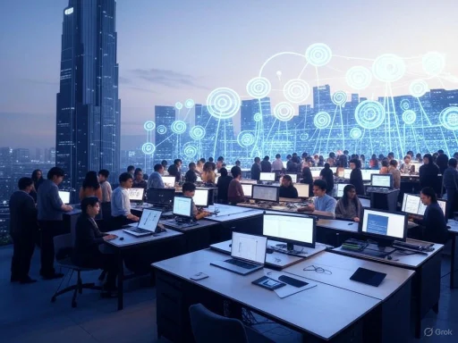 A bustling, modern office with many people working on computers, overlaid with digital network graphics against a cityscape backdrop. A bustling, modern office with many people working on computers, overlaid with digital network graphics against a cityscape backdrop.