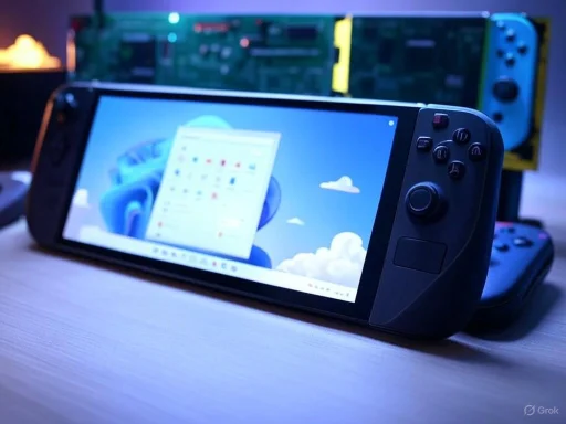 A handheld gaming console displays the Windows desktop on a wooden surface, with colorful electronic components in the background.