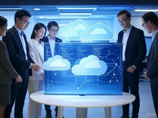Business professionals analyze cloud computing data on a futuristic digital screen in a conference room.