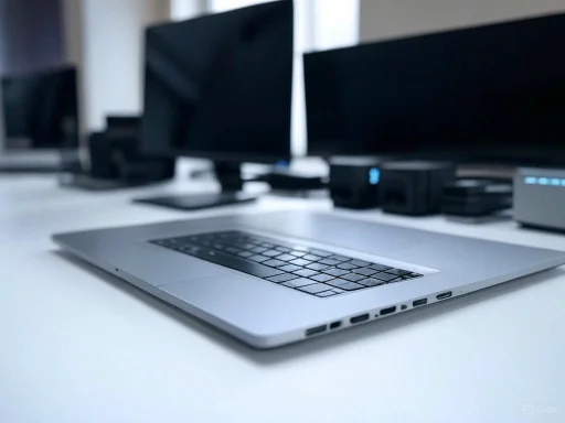 A sleek silver MacBook with a black keyboard on a white desk, surrounded by multiple computer monitors.