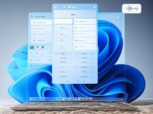 A laptop displays multiple transparent app windows floating above the keyboard against a blue, swirl-patterned background.