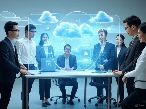 Business professionals gather around a futuristic, holographic cloud technology interface during a meeting.