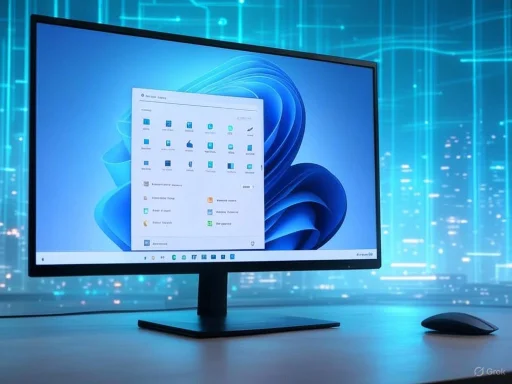 A computer monitor displays the Windows 11 desktop with a futuristic cityscape background and a sidebar window open.