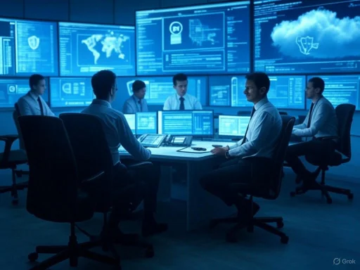 Team of professionals working in a high-tech control room with multiple screens displaying data and world maps.