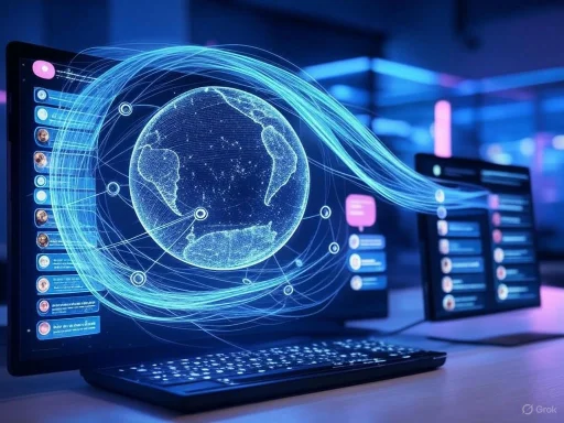 A digital globe with connecting lines displays a global network on a computer screen in a high-tech environment.