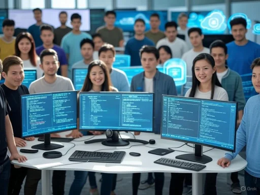 A group of young people in a modern computer lab, with multiple monitors displaying code, likely in a programming or tech event.