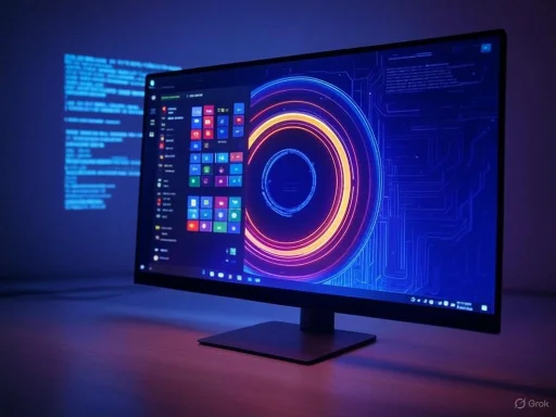 A sleek monitor displays a futuristic, colorful digital interface with circuits and concentric circles design. A sleek monitor displays a futuristic, colorful digital interface with circuits and concentric circles design.