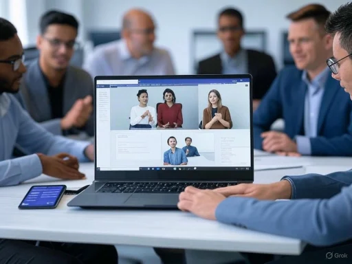 A group of professionals in a video conference call, displayed on a laptop, during a business meeting.