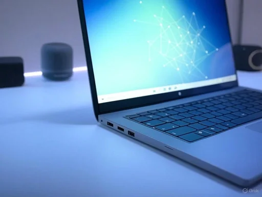 A silver laptop displaying a digital network graphic on a blue screen, placed on a white surface.