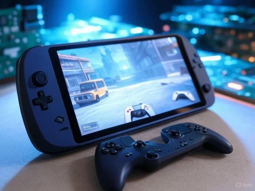 A Nintendo Switch gaming console displaying a racing game, with a separate controller placed below on a desk.