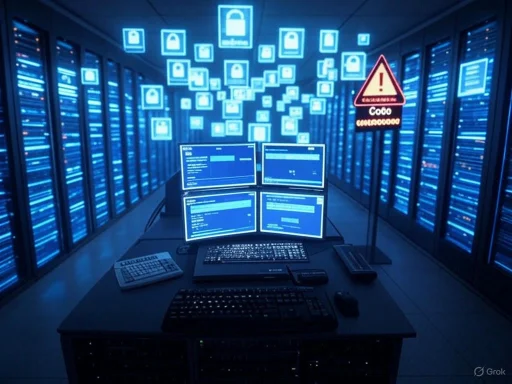 A secure data center with multiple monitors, server racks, and a warning sign, illuminated by blue security lights.