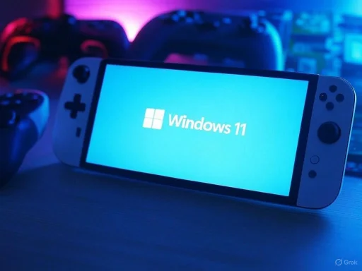 A handheld gaming console displays the Windows 11 startup screen, with game controllers and a tech setup in the background.