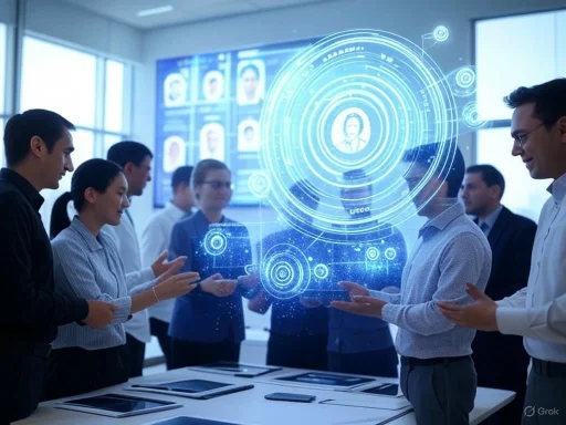 Business team using holographic technology for a virtual identity or data sharing presentation.