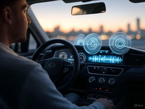 A man drives a car equipped with advanced holographic display and audio controls during sunset. A man drives a car equipped with advanced holographic display and audio controls during sunset.