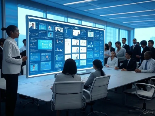 A woman presents data to a group in a high-tech conference room with a large digital display of charts and profiles. A woman presents data to a group in a high-tech conference room with a large digital display of charts and profiles.