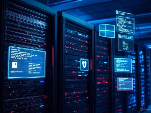 Server racks with digital holographic interfaces and cybersecurity icons in a data center.