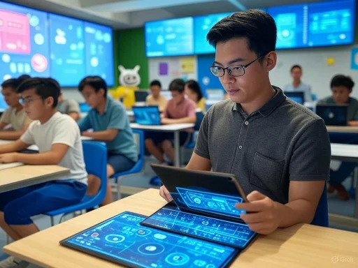 A student in a classroom using a futuristic tablet with holographic interface, surrounded by other students working on laptops.