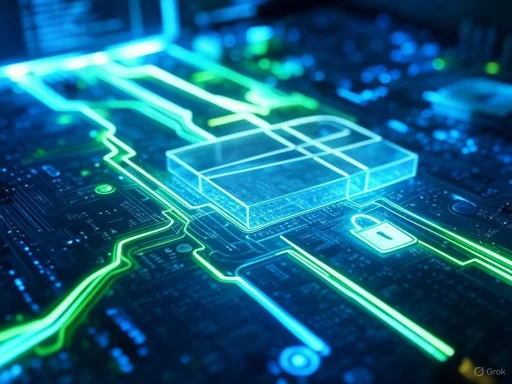 Digital lock icon with circuit lines on a computer motherboard, symbolizing cybersecurity or digital security.