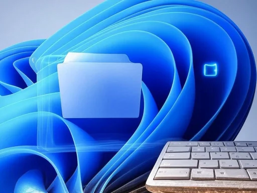 A computer screen displays a blue abstract Windows 11 wallpaper with a keyboard in the foreground.