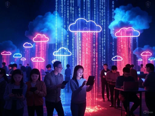 People using tablets and laptops in front of a digital cloud-themed display with falling binary code. People using tablets and laptops in front of a digital cloud-themed display with falling binary code.