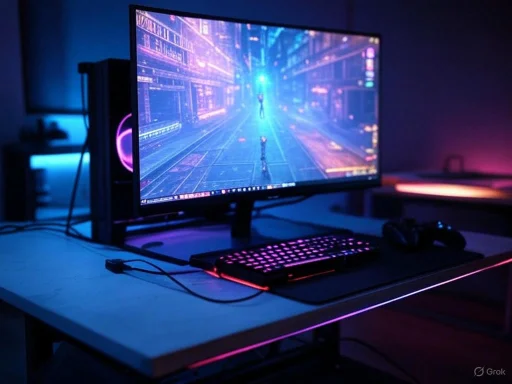 A gaming setup with a monitor displaying a futuristic digital scene, illuminated by purple and blue LED lights.