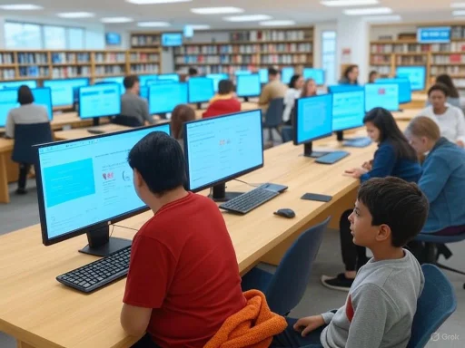 Students working on computers in a library-style learning center. Students working on computers in a library-style learning center.