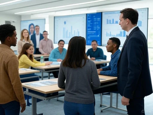 A diverse group of professionals is engaged in a presentation in a modern office conference room.
