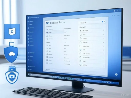 A computer monitor displaying a language learning application with security icons floating beside it.