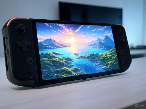 A handheld gaming console displays a vibrant mountain and lake landscape on its screen.