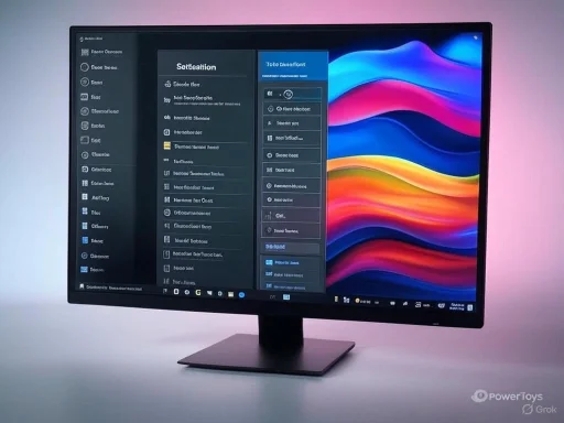 A computer monitor displays a colorful, abstract background with an open settings menu overlay.