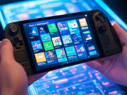 A handheld gaming console displaying a grid of colorful game and app icons on its screen. A handheld gaming console displaying a grid of colorful game and app icons on its screen.