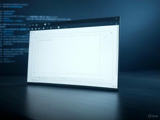 A computer screen with a blank database or form, set against a dark background with blue code or text on the left.