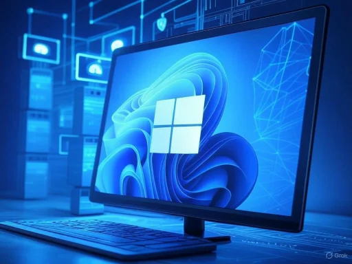 A computer monitor displaying the Windows 11 logo with a digital tech background and security icons.
